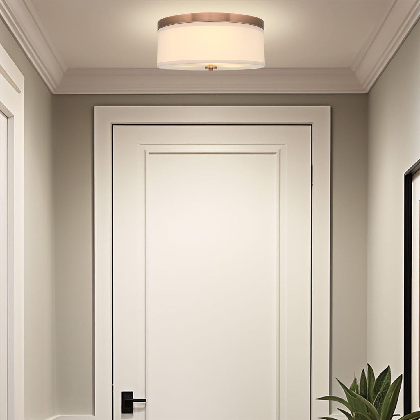 Kira Home Walker 15" Mid-Century Modern 3-Light Flush Mount Ceiling Light, Cream Fabric Shade + Round Glass Diffuser, Copper Bronze Finish