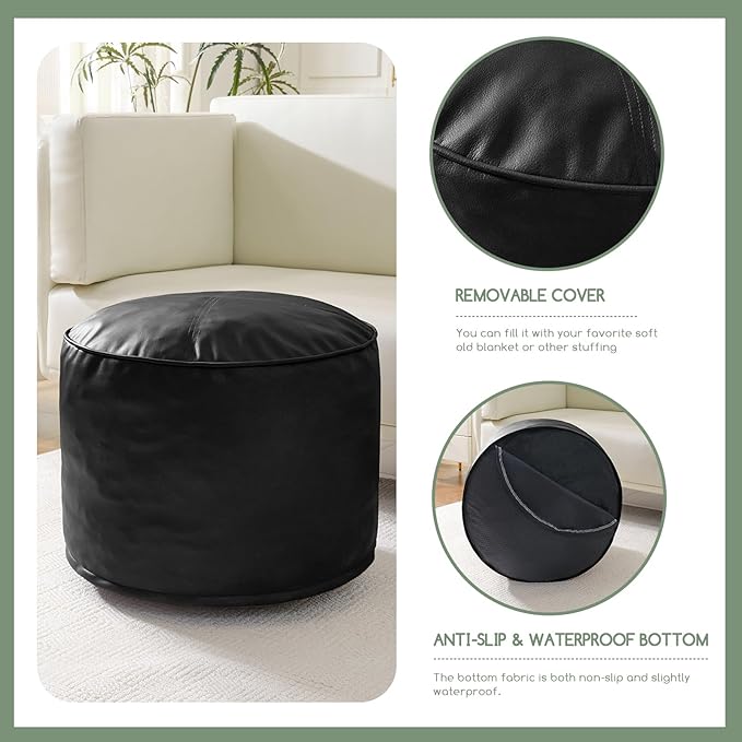 HIGOGOGO Round Stuffed Pouf Ottoman, Pu Leather Poufs with Foam Chunk Filling, Furry and Fluffy Pouf Foot Stool Storage Ottoman, 26 X 18 Floor Poufs Foot Rest for Living Room, Black