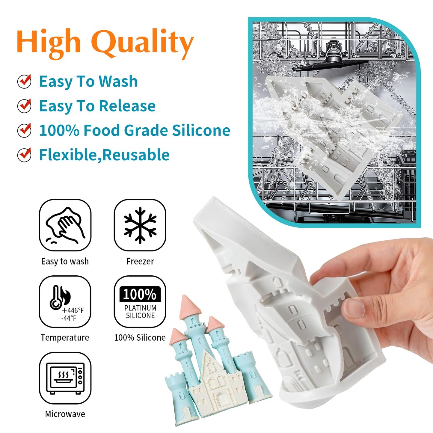 KALAIEN Castle Silicone Mold,3Pcs/Set Castle Cake Fondant Molds,Princess Chocolate Molds Castle Silicone Mirror Mould for Cake Decorating, FTM5036