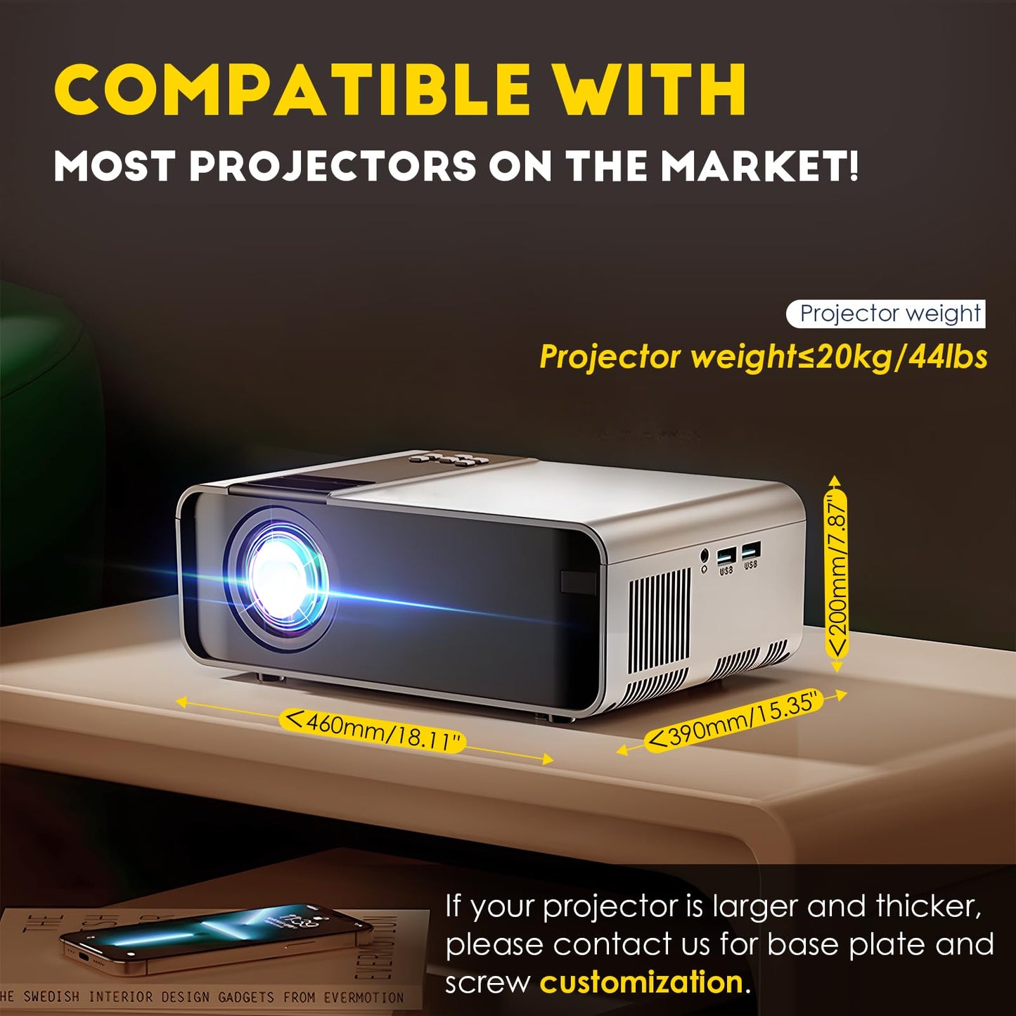 CGOLDENWALL 70CM Electric Projector Lift Ceiling Mount Remote Control for Cinema Church Room School Double Motors Maximum Load 20kg