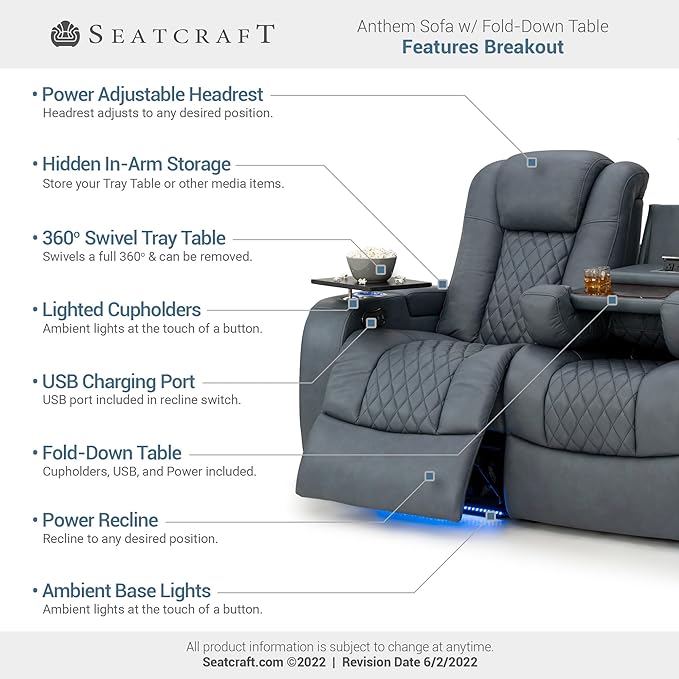 Seatcraft Anthem Italian Leather Sofa w/Fold-Down Table & Loveseat w/Storage Console, Living Room, Power Headrest, Power Recline, Smokey Blue