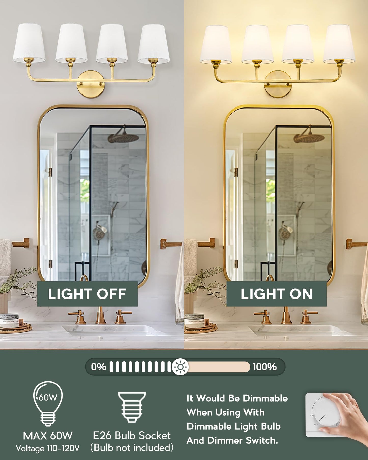 METWET Bathroom Light Fixtures, 4 Light Brushed Gold Vanity Lights with Flared White Fabric Shade, 28 Inch Wall Sconce, Modern Sconces Wall Lighting for Hallway Bedroom, VL837-BG-4