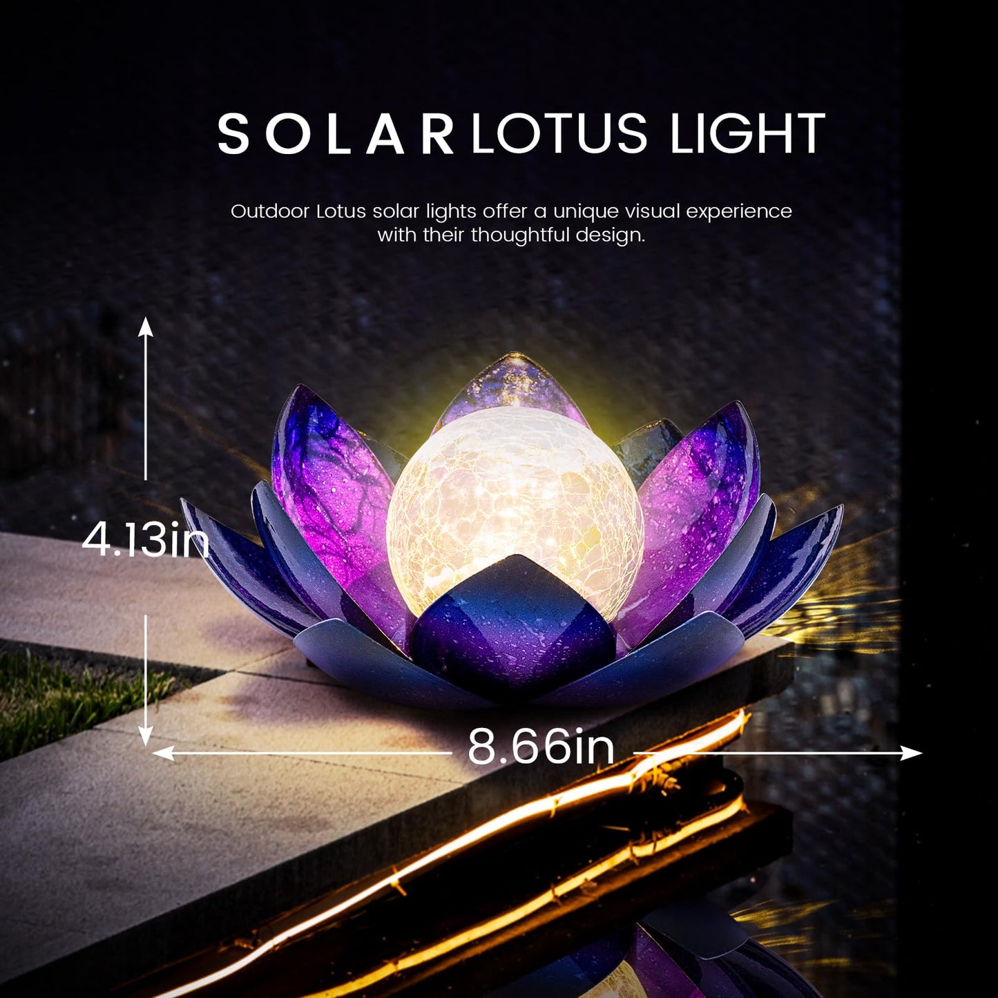 Huaxu Solar Lights for Outdoor Decor, Purple Lotus Flower Light, Waterproof LED Crackle Globe Glass Lamp for Garden, Patio, Yard, Porch, Pathway, Ground, Tabletop Christmas Gifts for Mom,Women