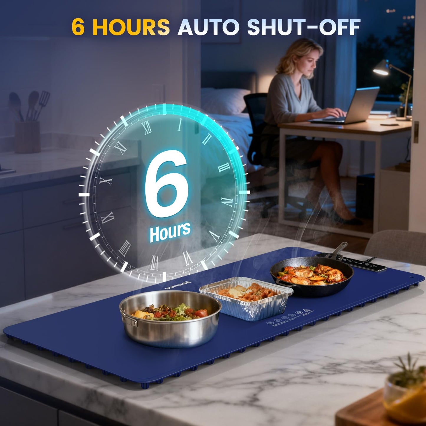 Kourice Extra Large Warming Mat for Food, 36"x15.75" Food Warmer Chafing Dishes for Buffet, Food Warming Mat, Food Warmers for Parties Buffet, 4 Level Temp 1/3/5Hour Timer 420W (Blue)