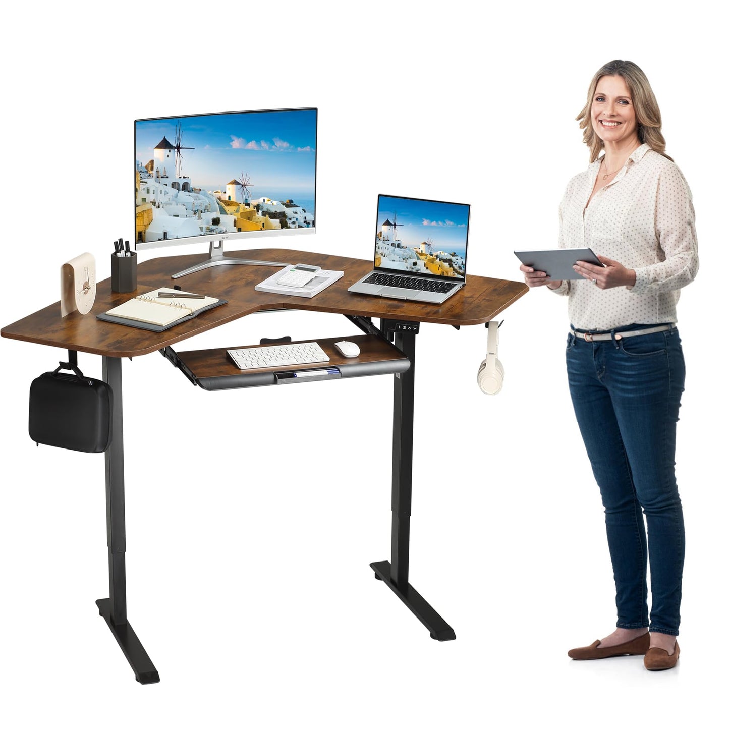 ETHU Electric L-Shape Standing Desk with Keyboard Tray, Height Adjustable 29-42 inches, Modern Style, Brown, For Home Office, Gaming, Work
