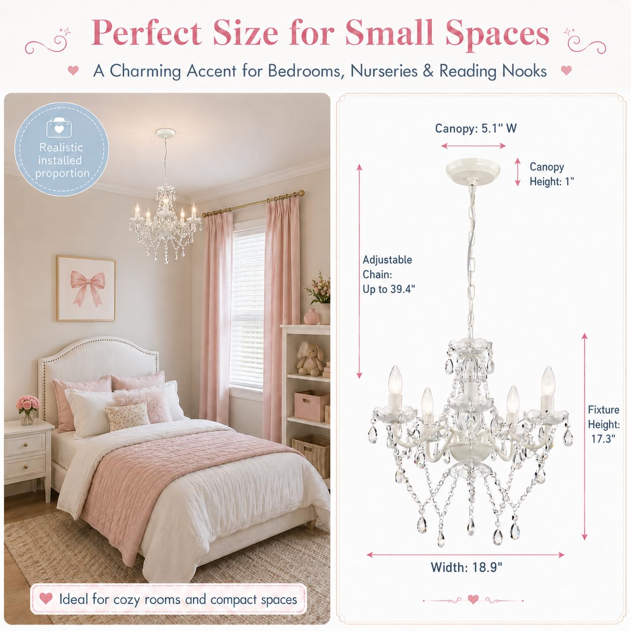 Antique House Small White 5-Light Crystal Chandelier, Modern Glass Chandelier Lighting Fixture, Small Chandelier for Bedroom, Dining Room, Living Room, Kitchen, Foyer, Girls Room Ceiling Light