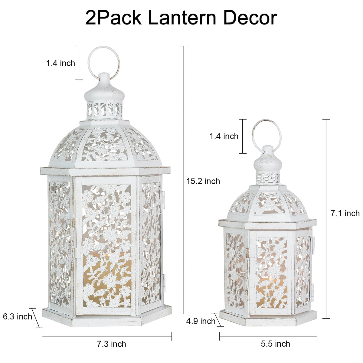 Lanterns Decorative Outdoor&Indoor, Set of 2 (15"&7") White Metal Lantern Decor, Candle Holder for Porch, Patio, Christmas, Balcony, Wedding, Table Centerpiece