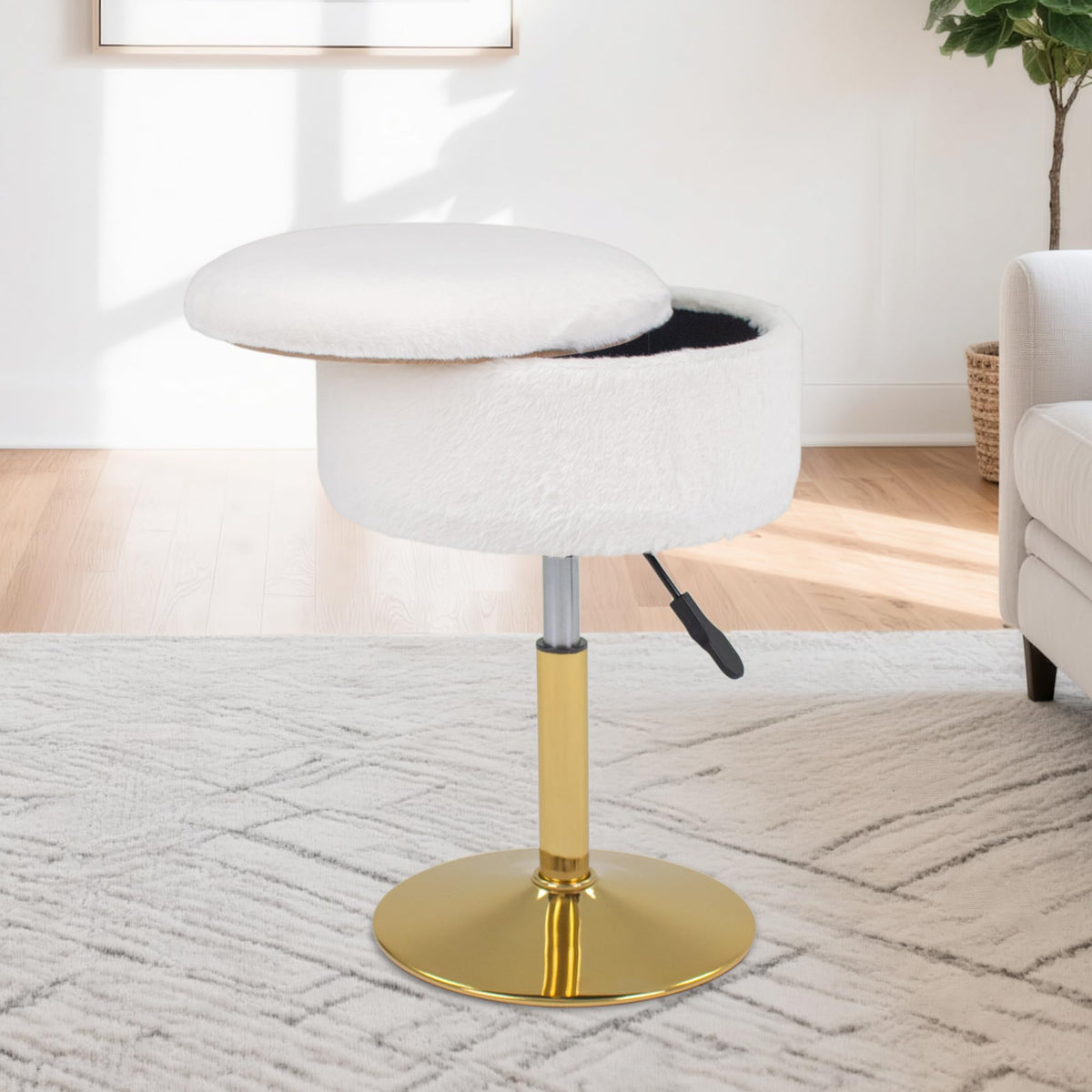 LITZFUR Adjustable Vanity Stool for Makeup Room, 360° Swivel Gold Vanity Chair, Faux Fur Round Storage Ottoman Footrest for Living Room Bedroom, White