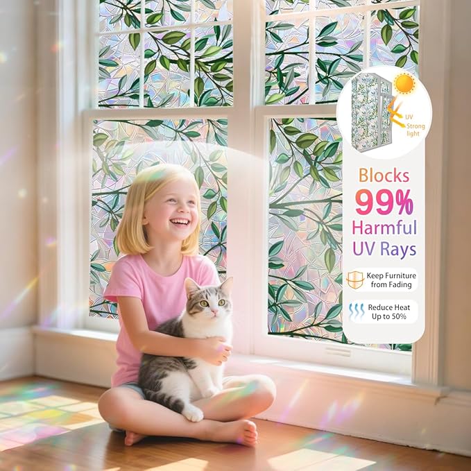 Leaf Stained Glass Window Film Static Cling with Tools - 17.5 x 78.7 Inch Non-Adhesive Privacy Decorative Rainbow Film for Windows, Doors, Sidelights - Easy Install & Remove