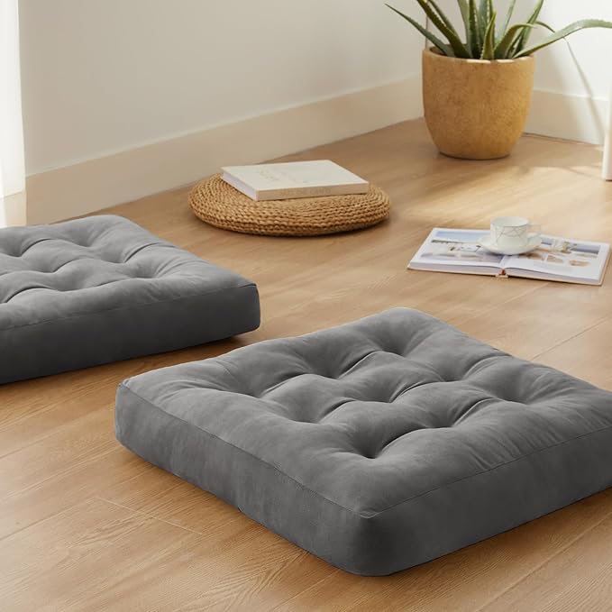 SM-XLHN Meditation Floor Pillow Set of 2, Square Large Pillows Seating for Adults, Meditation Cushion Pillow,Tufted Corduroy Cushion for Tatami Living Room or Yoga, Dark Gray, 22x22 Inch