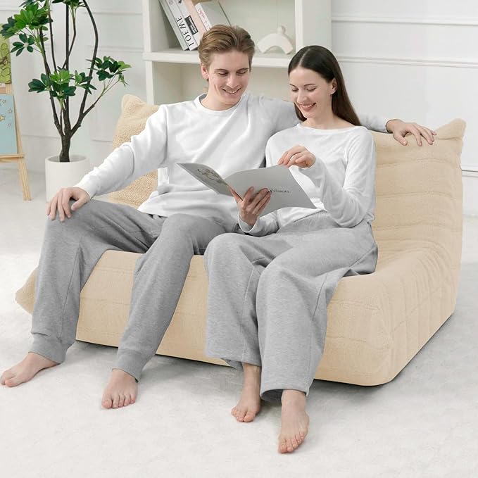HABUTWAY Bean Bag Chairs Fireside Lazy Floor Sofa, Soft Teddy Fleece 2 Seater Sofa with High-Resilience Foam Filling，Beanbag for Living Room, Bedroom, Office (Khaki Teddy)