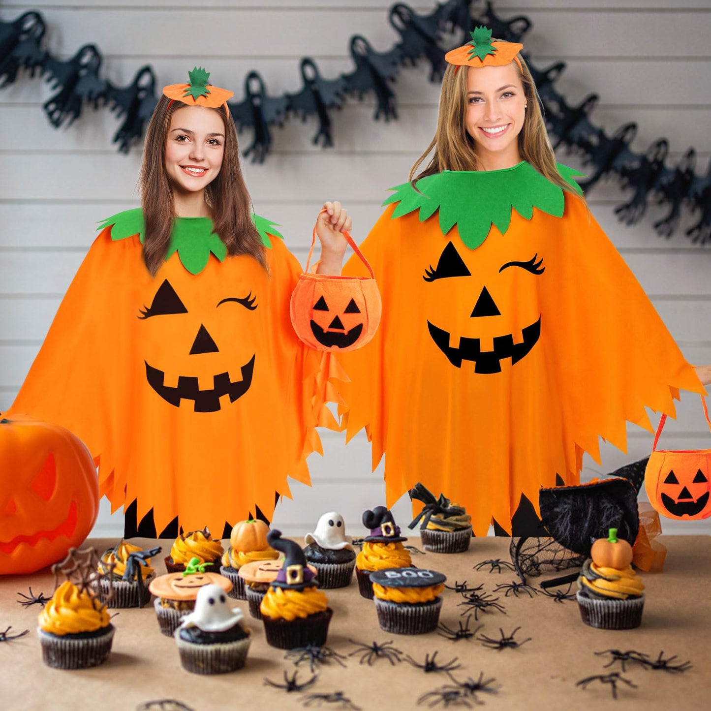 Snwquik 3 PCS Pumpkin Costume for Women, Adults Halloween Costume for Women,Pumpkin Poncho with Headband&Bag