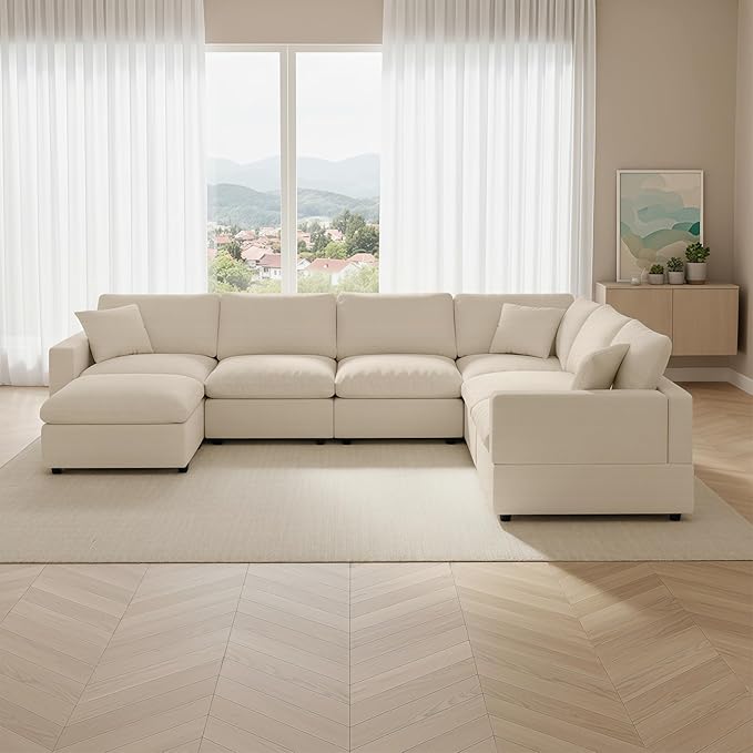 Cloud Couch Modular Sectional Sofa, 123.8" 8-Seater U Shaped Sectional Couches for Living Room, Convertible Cloud Sofa with Ottoman, Down Filled Wide & Deep Seat, Removable Washable Cushion Covers