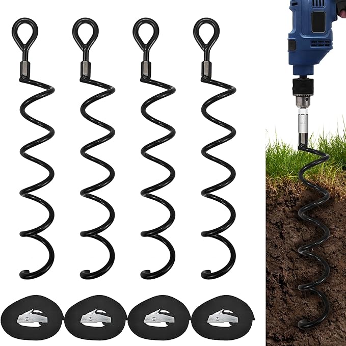 XYADX 16.3 Inch Spiral Ground Anchor Stake High Durable Earth Anchor Kit for Tents, Trampolines, Garden Fencing, Sheds, Swings, and Dog Tie Out Stake (Black 4 Pack)