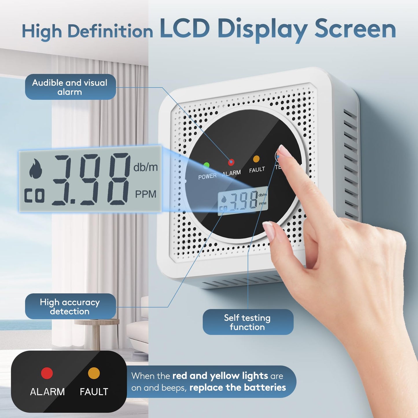 2 in 1, Carbon Monoxide Detectors,Smoke Detector,Smoke Combination CO Alarm,85db Alarm,LCD Large Screen,with 3*AA Batteries,Test Button,Low Battery Warning,Easy Install