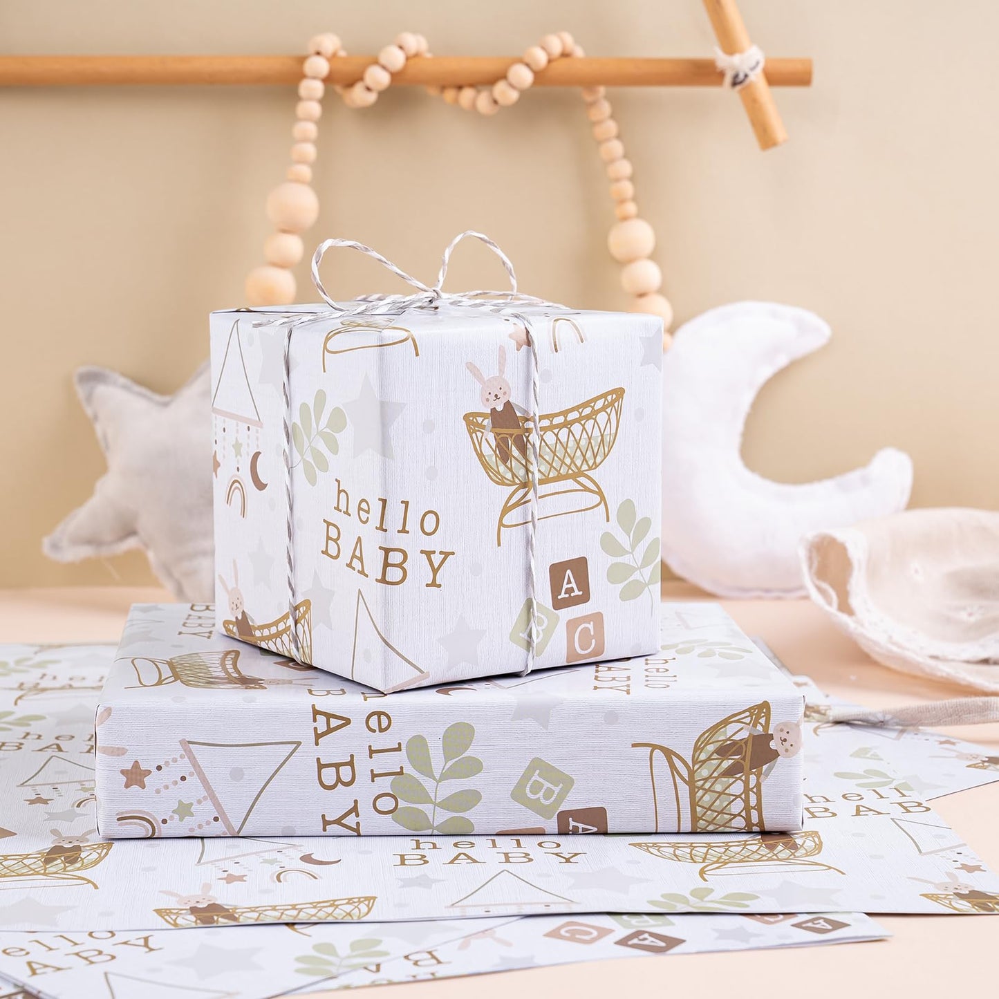 WRAPAHOLIC Jumbo Baby Shower Wrapping Paper - 30 Inch x 33 Feet - Hello Baby and Rabbit in Bassinet Design for Neutral Baby Shower, Boys Girls Kids Birthday
