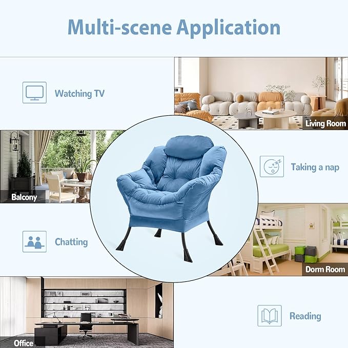 Youtanic Lazy Chair Thick Padded, Comfy Velvet Accent Lounge Chair with Stable Frame, Leisure Sofa Armchair with Armrests and Side Pocket, Reading Chair for Bedroom, Living Room, Office, Light Blue