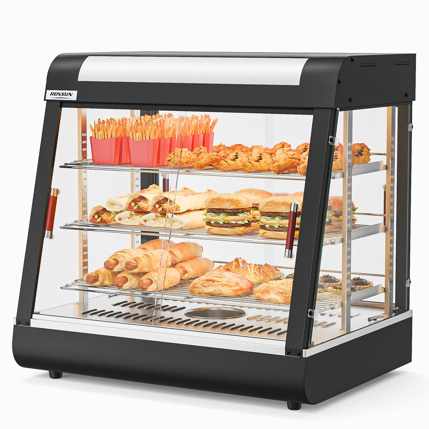 ROVSUN 26" Commercial Food Warmer Display Pizza Warmer, 3-Tier Electric Countertop Food Warmer w/LED Lighting, Adjustable Removable Shelves & Glass Door, Pretzel Warmer for Buffet Restaurant 1200W