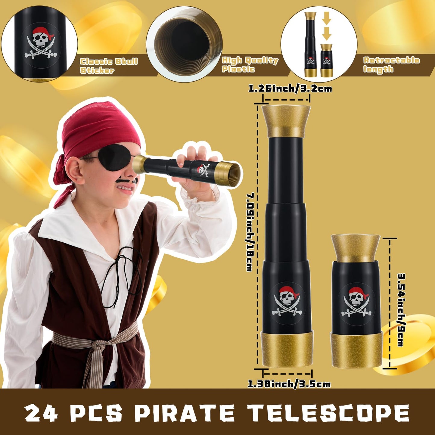 Libima 24 Set Pirate Eye Patches and Telescopes Sets for Kids, Plastic Pirate Telescopes Patch Bulk Halloween Party Favors Kids for Halloween Theme Birthday Supplies(Classic Style)