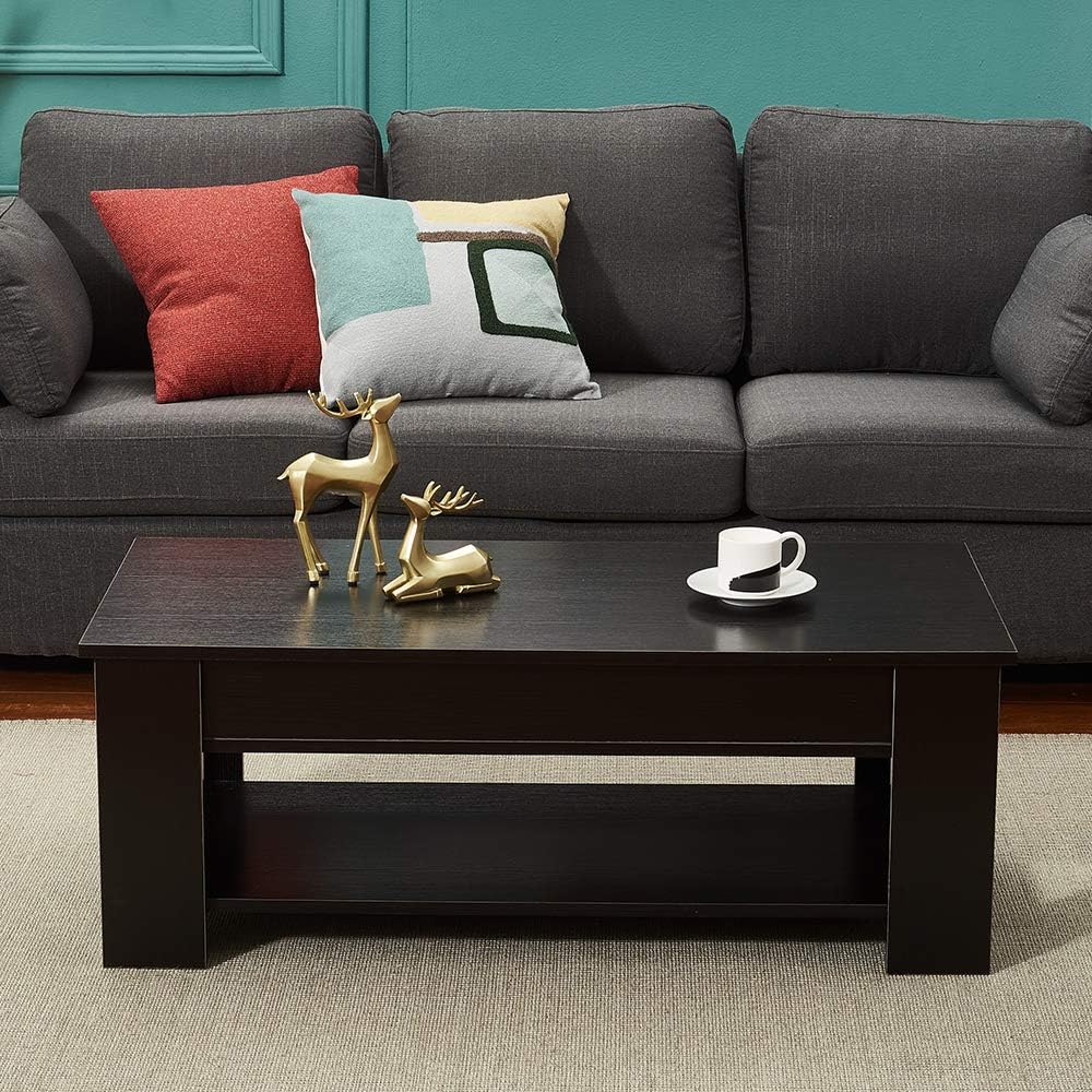 Panana Modern Lift Up Top Coffee Table with Hidden Storage and 1 Shelf Wooden Tea Table Sofa End Table for Living Room, Office, 39.4" x 19.7" x 18.5" (Black)