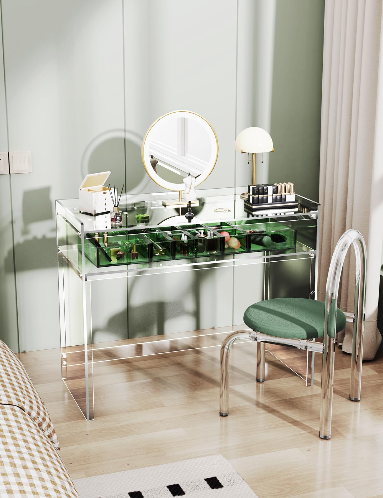 Acrylic Vanity Clear Desk Make Up Table with Storage Shelves 17.7" D x 39.4" W x 31.5" H （Without Mirror ）