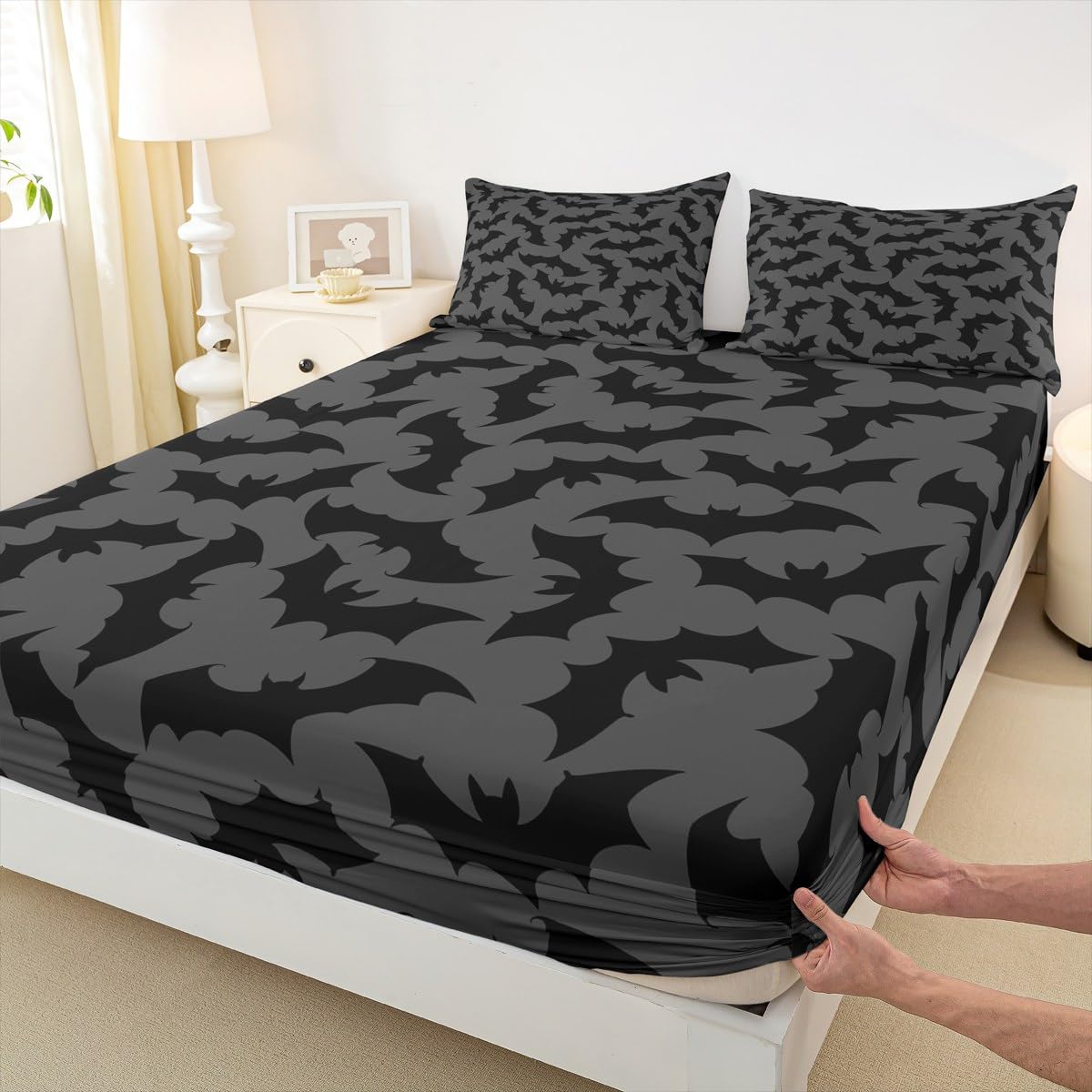 Feelyou Bat Sheet Set Queen Size Kids Happy Halloween Sheets with Deep Pocket Fitted Sheet for Boys Girls Bed Sheets Set Trick or Treat Grey Bedding Set Room Decor Bed Set, 4Pcs