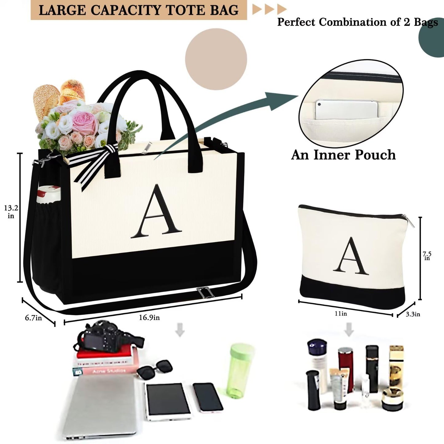 YOOLIFE Personalized Birthday & Mothers Day Gifts For Mom Friends Female Teacher Graduation Bridal Shower Bridesmaids Proposal Gifts Travel Beach Initial Tote Bag for Women J
