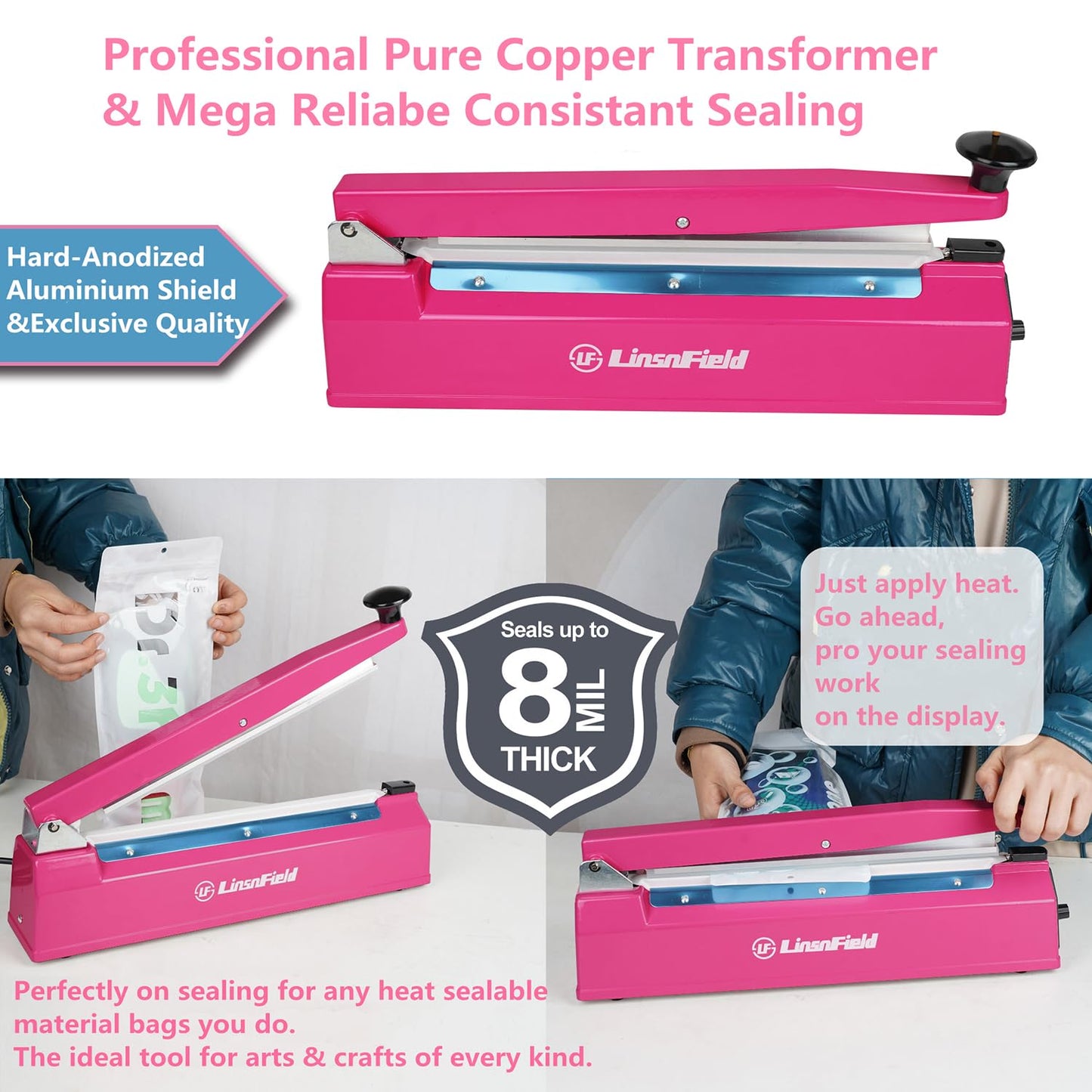 LinsnField Sealer Pro, Patented 12-inch Impulse Heat Sealer, 7-mm Sealing Width Super Heavy Duty Bag Sealing Machine with Extra 2 Replacements, 1Fuse Included, Dragon Fruit