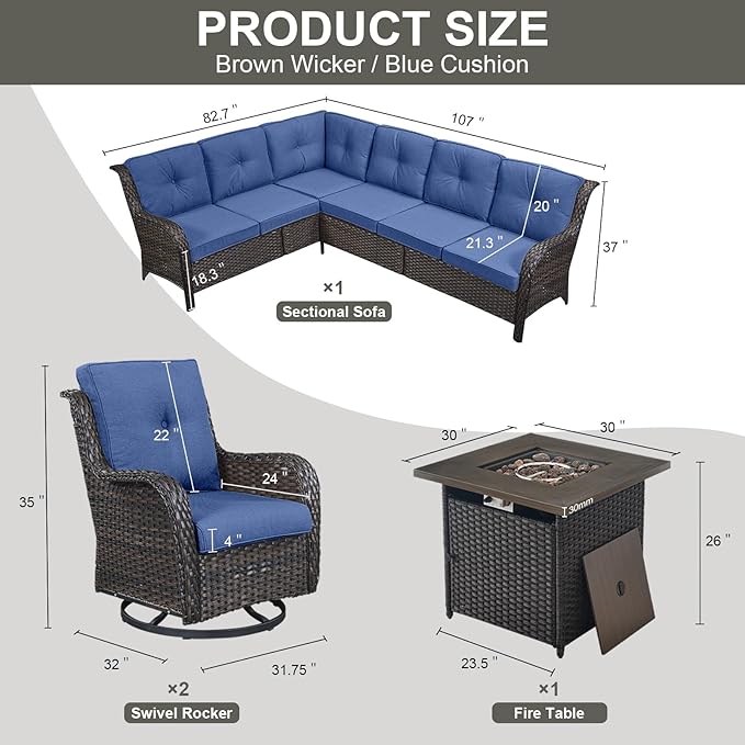 Belord Outdoor Sectional Sofa Furniture Set with Propane Fire Pit Table, Wicker Patio Conversation Set with 2 Swivel Glider Rocker Chairs Blue Cushion Perfect for Backyard Casual Gathering