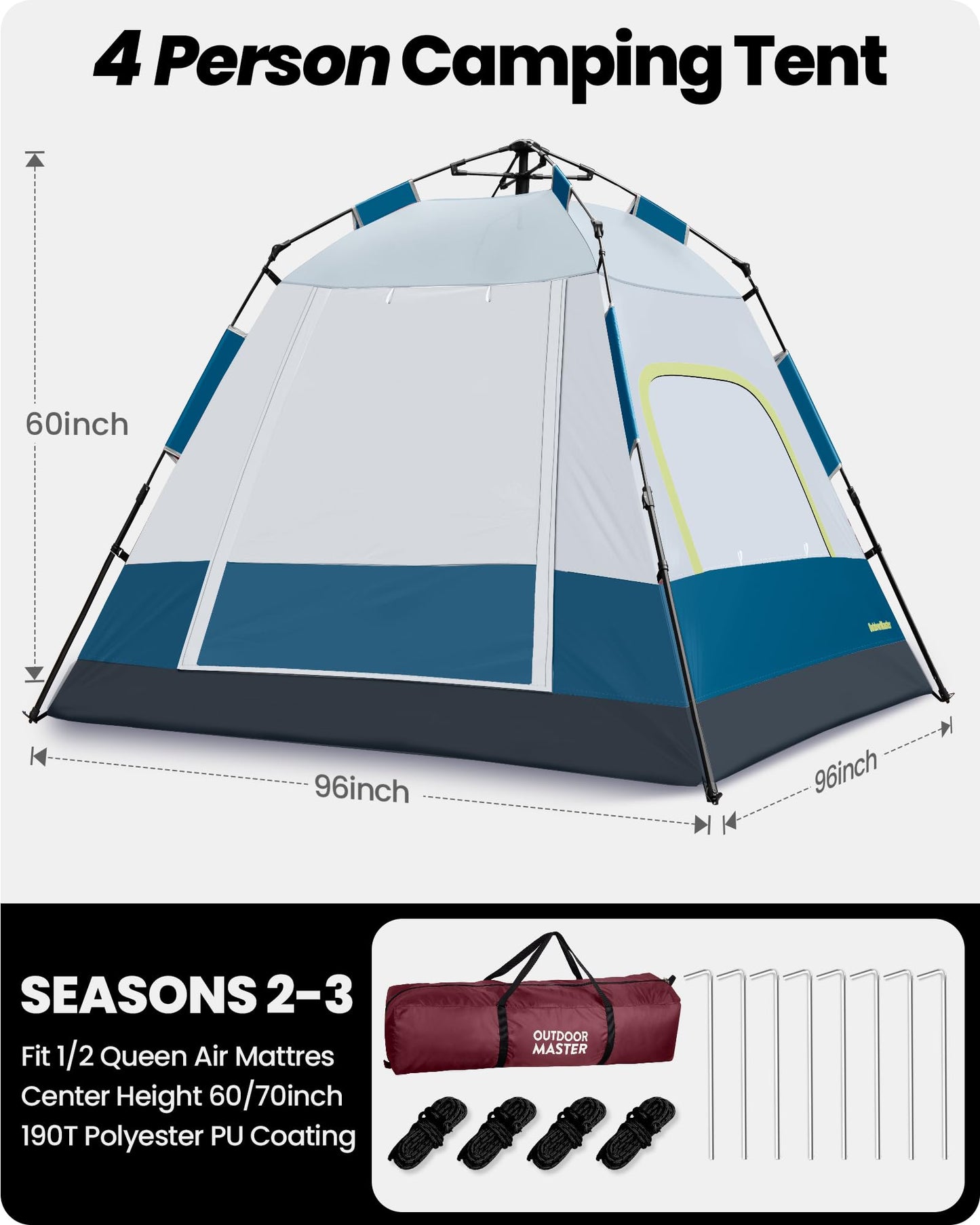 OutdoorMaster Camping Tents, 4/6 Person Camping Tent with Blackout Shelter Technology, Easy Setup in 60 Seconds, Weatherproof Pop Up Tent with Top Rainfly, Instant Cabin Tent (Blue, 4 Person)