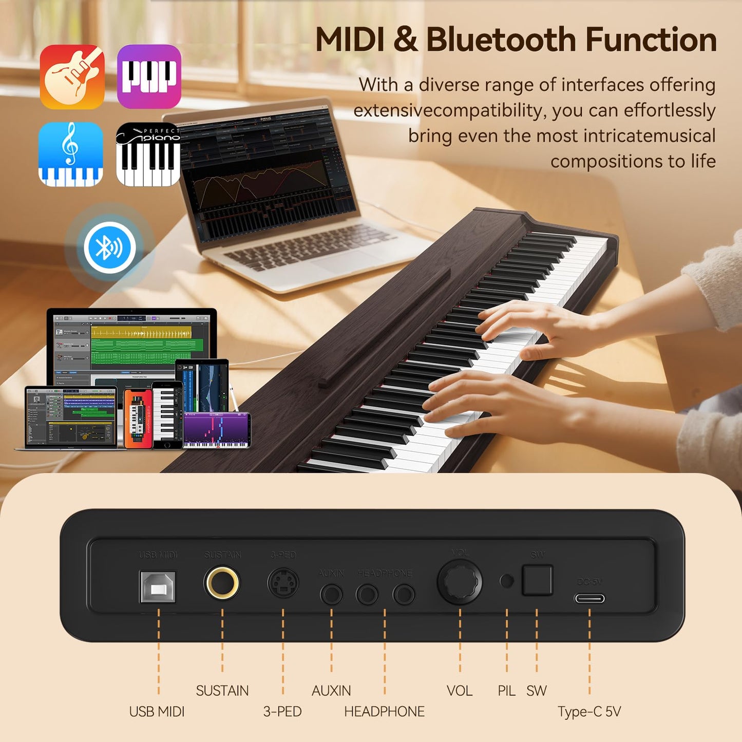 Keyboard Piano 88 Key Digital: 88 Key Piano keyboard Semi-Weighted Full Size Keyboard Digital Premium Sound MIDI Headphone Jack Triple Pedal Compact Design for Beginners to Professionals (Walnut)