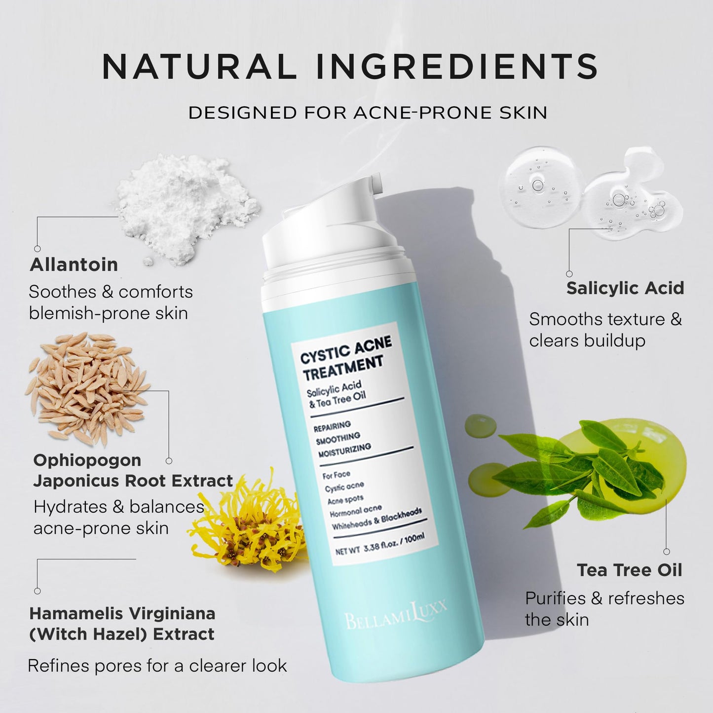 BellamiLuxx Cystic Acne Treatment for Face: Hormonal Acne Treatment Cream for Teens & Adults - Salicylic Acid & Tea Tree Oil Pimple Spot Remover - Anti-Acne Moisturizer Reduces Redness, Blemishes