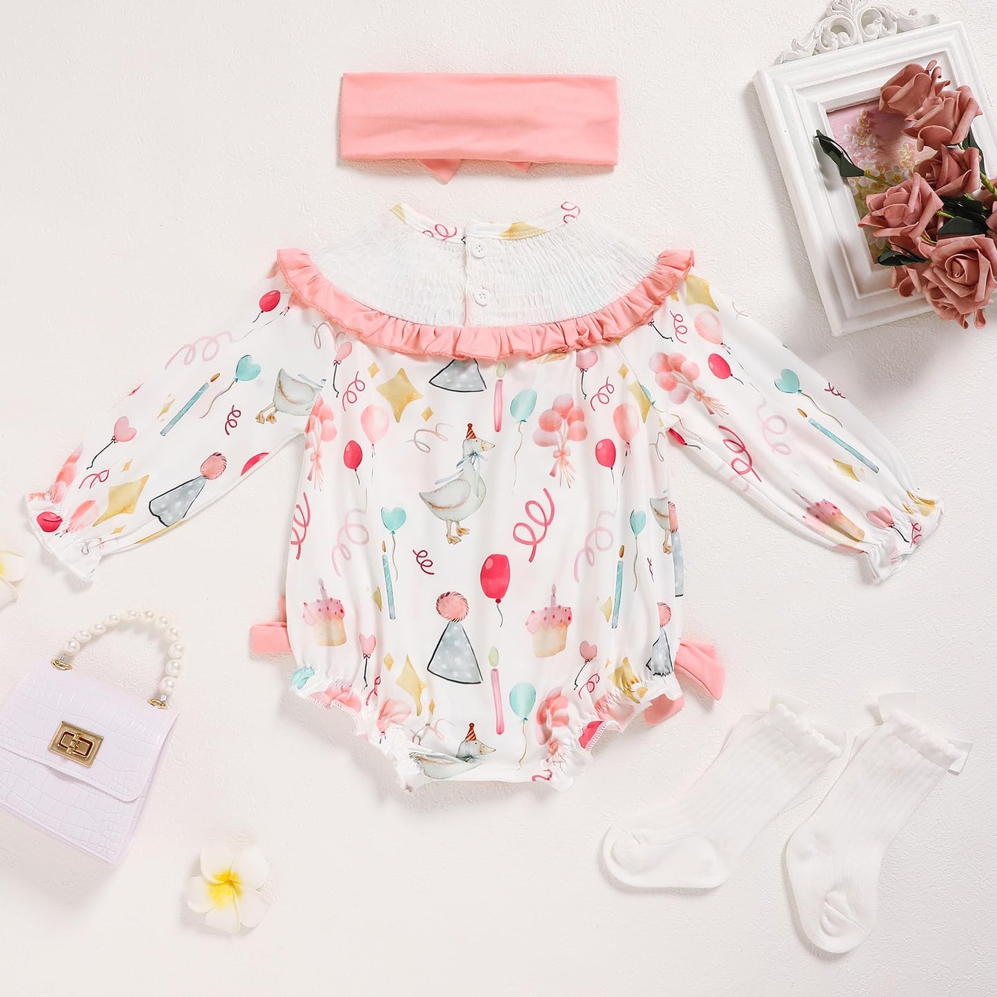 GRNSHTS Baby Girl 1st Birthday Outfits One Year Old Balloon Print Romper Embroidery Bodysuit Cake Smash Clothes(Pink,9-12M)