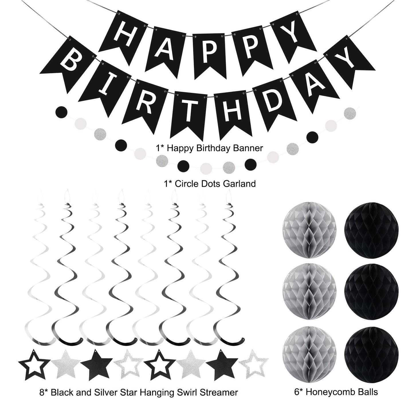meowtastic Birthday Decorations, Happy Birthday Banner with Honeycomb Balls, Star Hanging Swirl Streamer, Circle Dot Garland, Happy Birthday Party Decoration for Women Men Boys Girls (Black & Silver)