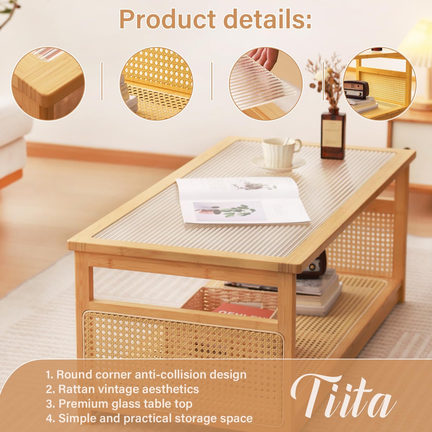 Tiita Coffee Tables for Living Room，Mid Century Modern Storage 2-Tier Coffee Tables，Rattan Glass RectangleTables，Suitable for Living Room Apartment，Wood