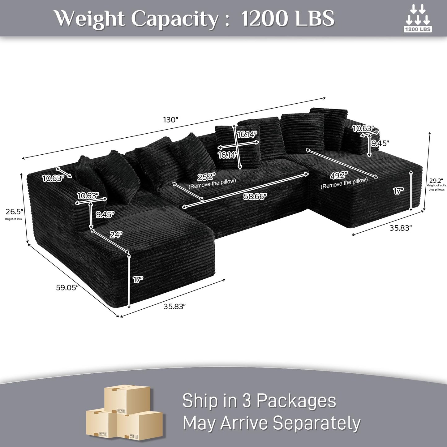 ONEMMLION 131" Modular Sectional Sofa Cloud Couch, Corduroy Memory Foam Black Sectional Couches for Living Room, Modern Deep Seat Boneless Sofa, Comfy Fluffy Plush U Shaped Couch with Chaise Lounge