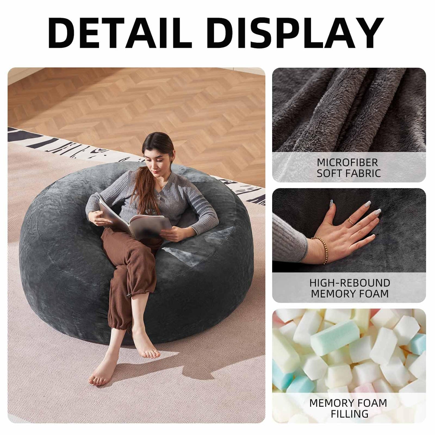 Bean Bag Chair 5Ft, Memory Foam Filled, Large Beanbag Chairs for Adults and Teens, Soft Sofa with Removable Flannel Cover, Round Couch for Living Room Bedroom College Dorm (Dark Gray, 5FT-60×60"×24")