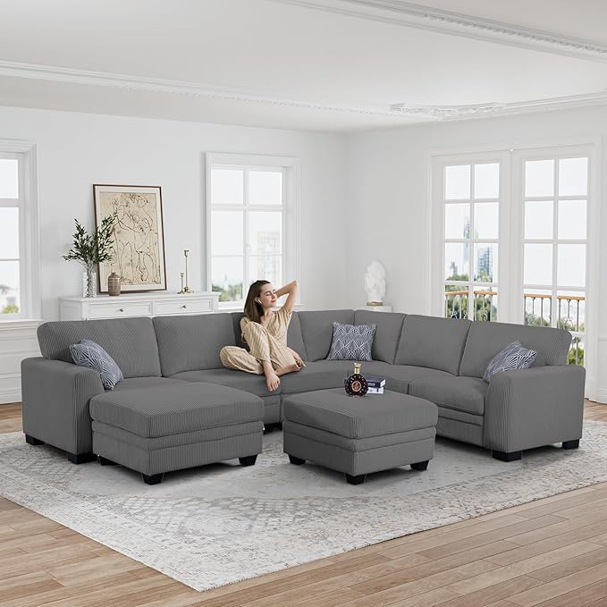 Legend Vansen Oversized Modular Sectional Sofa,8 Seat U Shaped Couch with Ottoman,Corduroy Sofa with Deep Seat,Convertible Large Sectional Couches for Living Room (Grey, U-8)