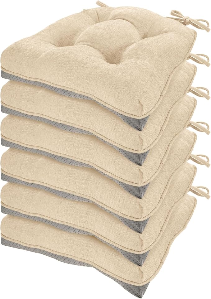 HARBOREST Chair Cushions for Dining Chairs Set of 6 - Chenille Tufted Kitchen Chair Cushions with Ties and Non-Slip Bottom, Foam Chair Pads for Dining Chairs, 17" x 17", Ivory