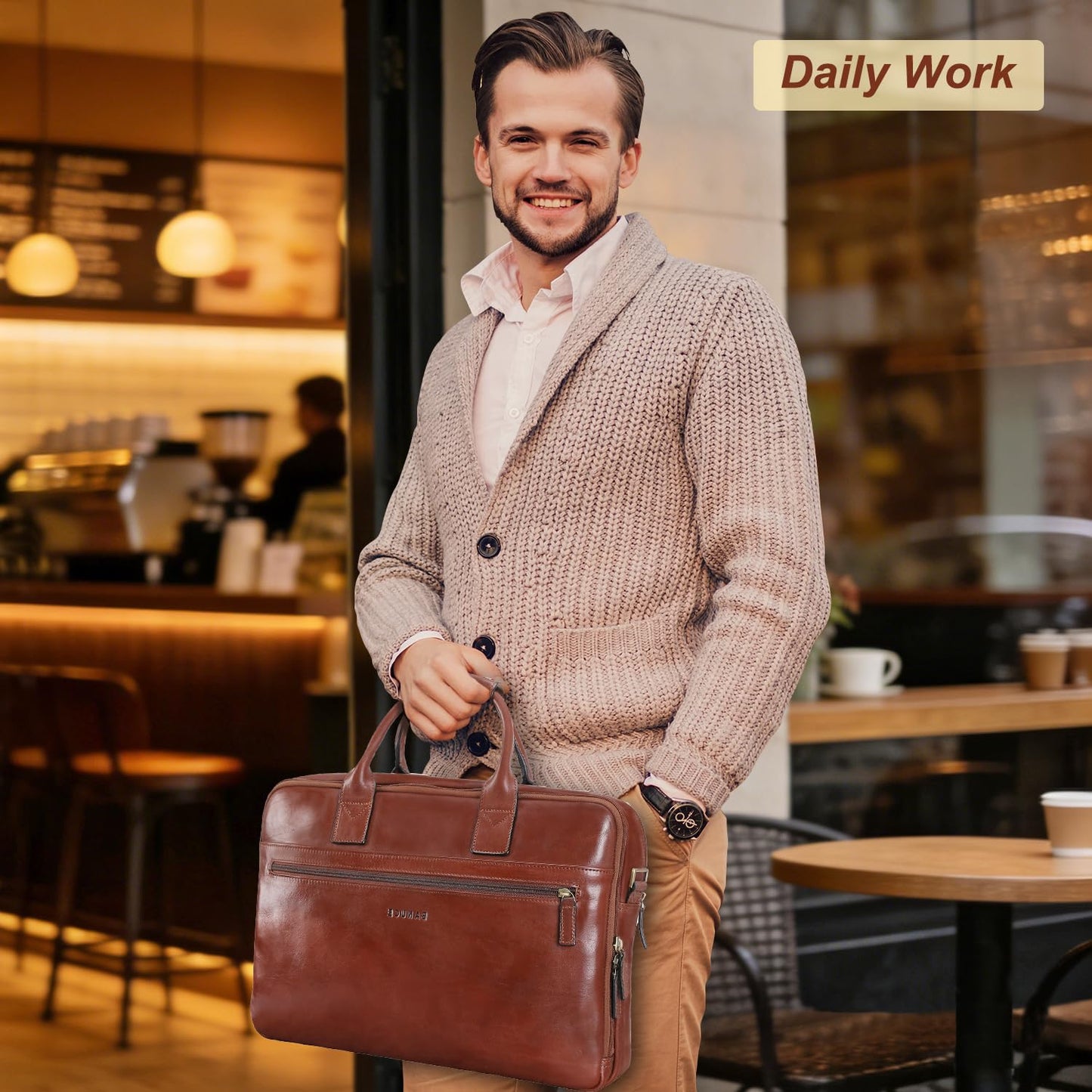 Banuce Premium Italian Full Grain Leather Briefcase for Men 14 Inch Laptop Bag for Business Travel Office Work with Luggage Strap and Shoulder Strap Brown