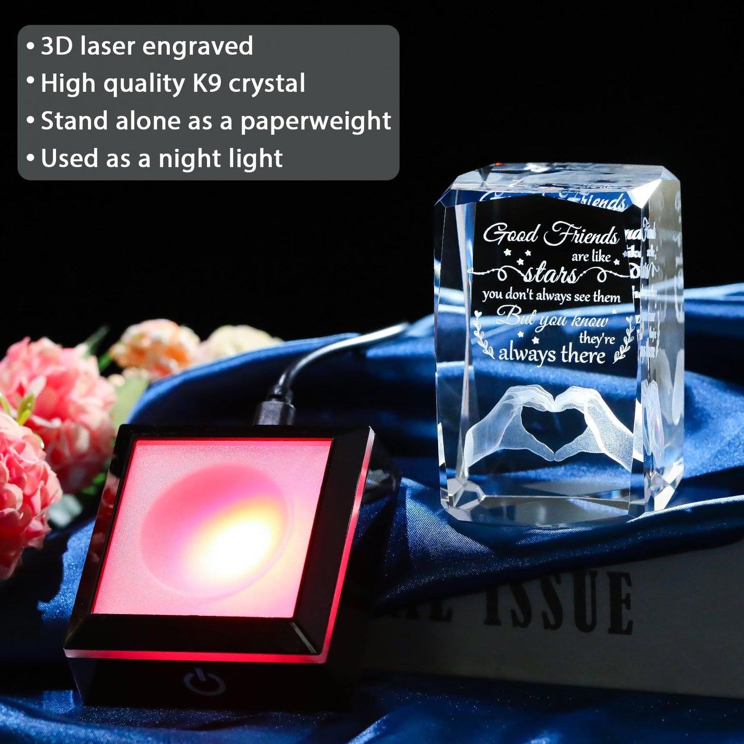Enjinkail Bestfriend Unique Gifts for Women Birthday Crystal Keepsake with Colorful Led Base, 3D Engraved Friendship Plaque Bestie Gifts for Graduation Valentines Christmas Mothers Day