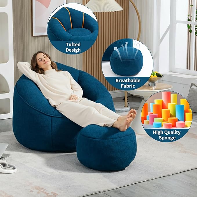 Bean Bag Chairs, Gaint Bean Bag Couch with Memory Foam for Adults and Kids, Microfiber Upholstered Sofa with Ottoman, Comfy Lazy Bean Bag Reading Chair for Living Room