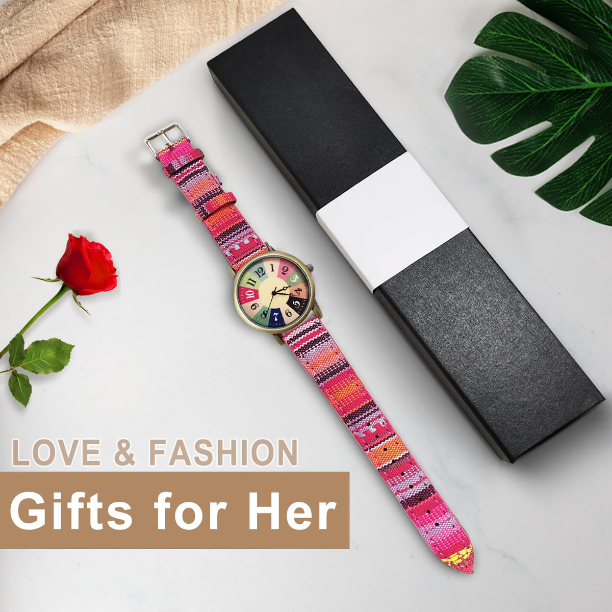 AstraMinds Ladies Wrist Watches for Women - Boho Hippie Large Surface Watches, PU Leather Woven Rainbow Watch Mother‘s Day Gift for Women Adults Mother (Warm Red)