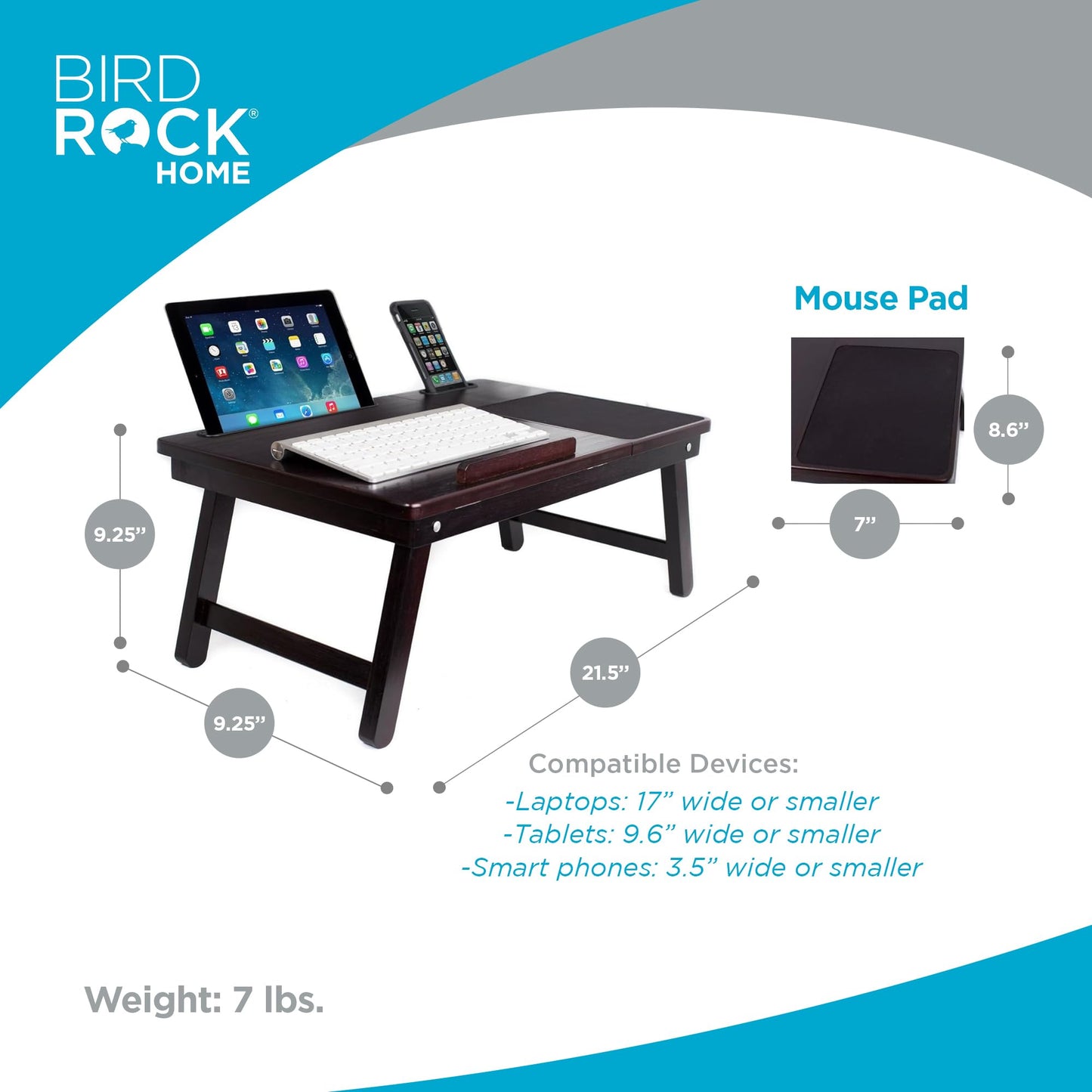 Sofia + Sam Laptop Bed Tray w/Storage Drawer| Adjustable Folding Legs & Mouse Pad | Portable Computer Desk - Laptops Up to 15" - Tablet Up to 9.6" | WFH, Wooden Study Table - Couch & Bed | Espresso