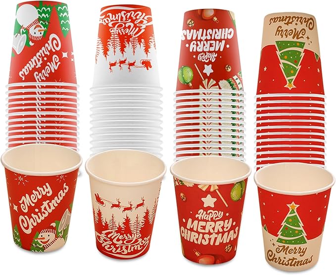 ZynoQuark 64 PACK Christmas Cups Disposable, 9 oz Paper Cups Holiday Winter Style Designs for Hot Chocolate Coffee & Tea, ...