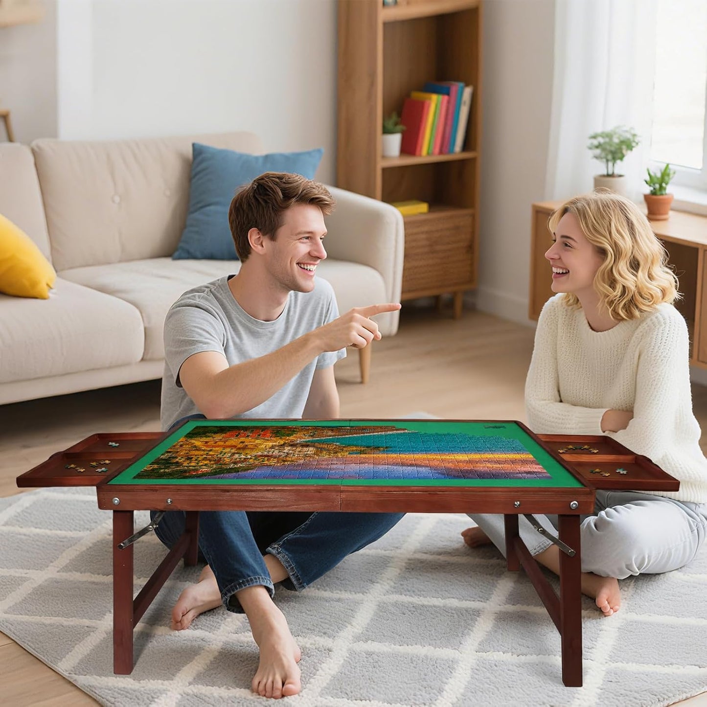 1500 Piece Puzzle Table with Legs, 35" x 26" Wooden Jigsaw Puzzle Board with Drawers, Cover & Felt, Portable Puzzle Table with Folding Legs for Adults and Teens, Christmas Birthday Gift