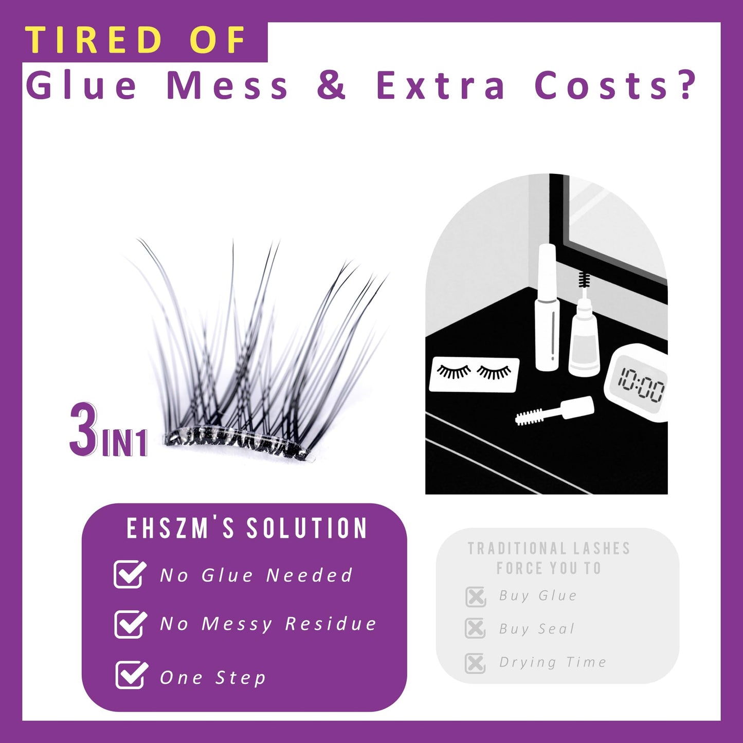 Self Adhesive Eyelashes - EHSZM BEAUTY POP-PRESS manga Lash Clusters No Glue | 3s Easy Apply, 24H Hold No Plastic Feeling/Damage