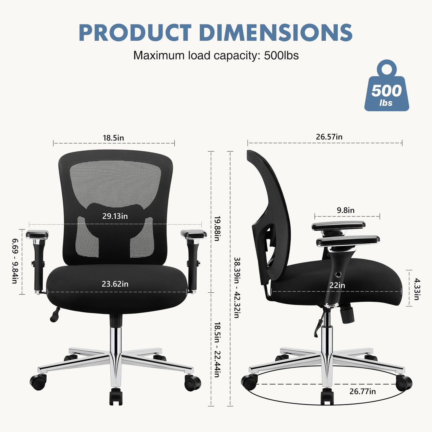 DUMOS Big and Tall Office Desk Chair with Lumbar Support, 500lbs Heavy Duty Mesh Ergonomic Computer Chair with 4D Armrest and Wide Comfy Seat, Swivel Wheels for Adult, Black