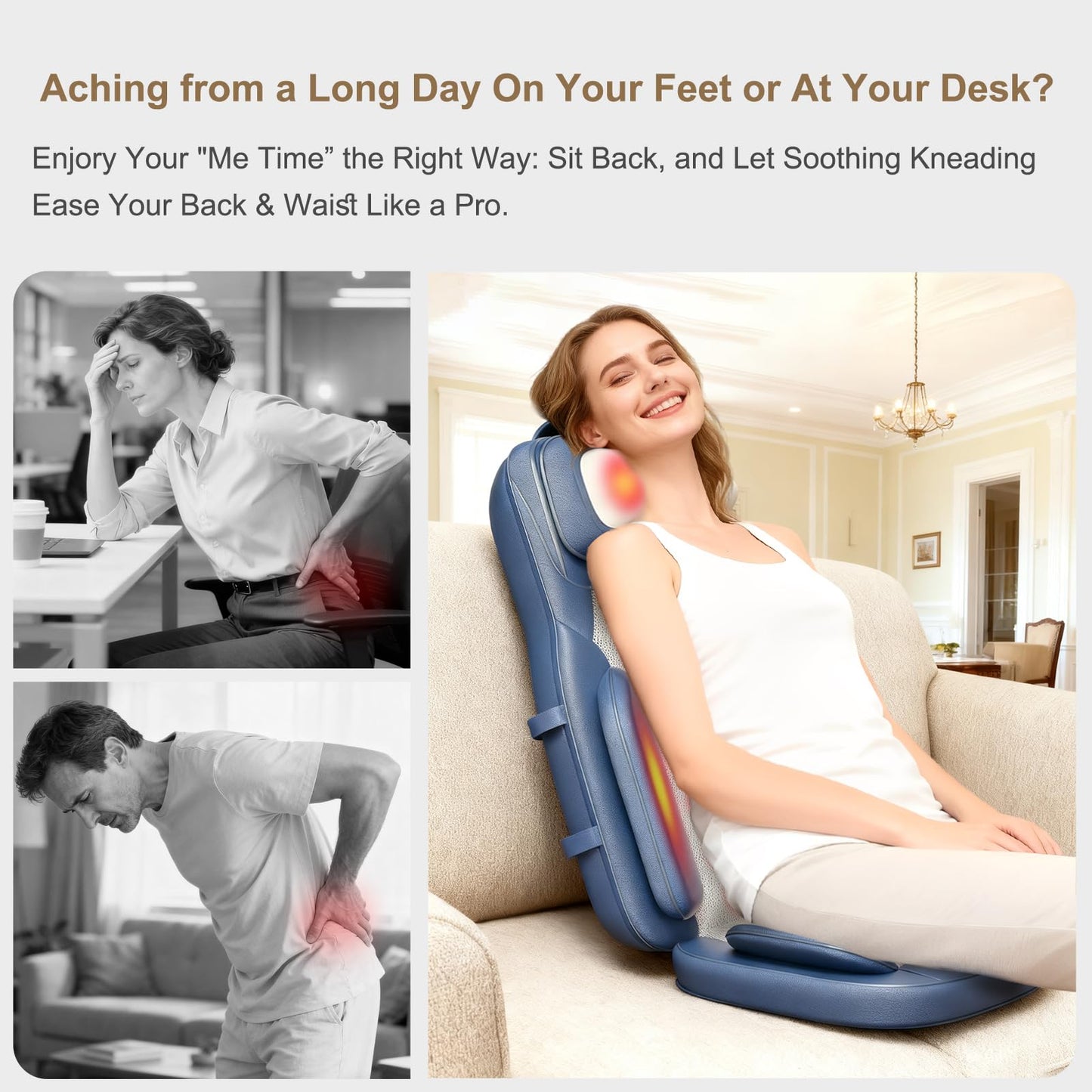Rainwolf Shiatsu Neck and Back Massage Cushion with Heat - 4D Deep Tissue Kneading Full-Back Massager for Relief Fatigue, Adjustable Intensity & Height, for Office Chair & Home