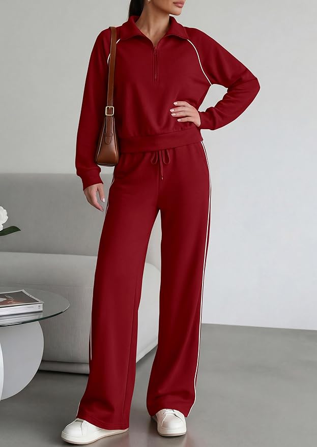 PRETTYGARDEN Women's 2 Piece Outfits Casual Lapel Half Zip Sweatshirts and Wide Leg Pants Tracksuit Sets